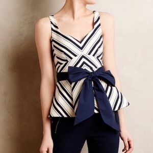 Maeve Navy and Cream Sleeveless Peplum Tank Top with Tie Belt size 2